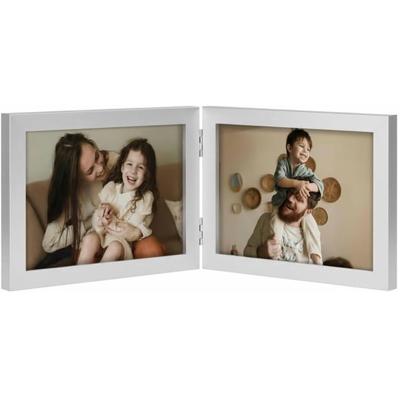 JJEAN-Double 7x5 Picture Frame Horizontal, Engineered Wood Bifold Photo Frame with Plexiglass for Tabletop Display, 7x5, Silver