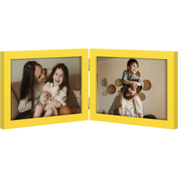 JJEAN-Double 7x5 Picture Frame Horizontal, Engineered Wood Bifold Photo Frame with Plexiglass for Tabletop Display, 7x5, Yellow