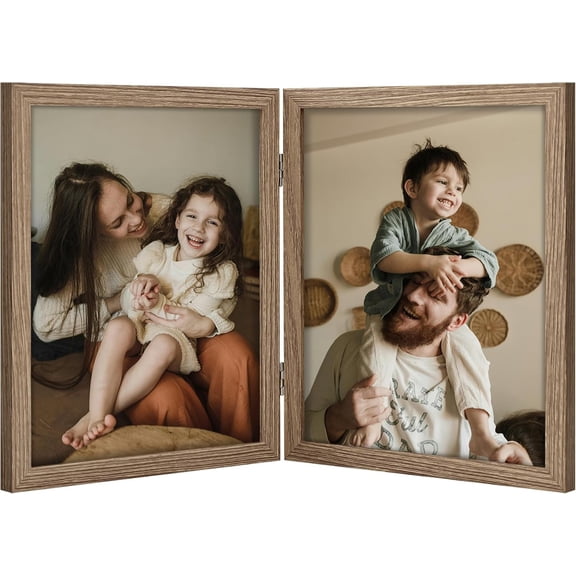 JJEAN-Double 8x10 Picture Frame Vertical, Engineered Wood Bifold Photo Frame with Plexiglass for Tabletop Display, 8x10, Oak