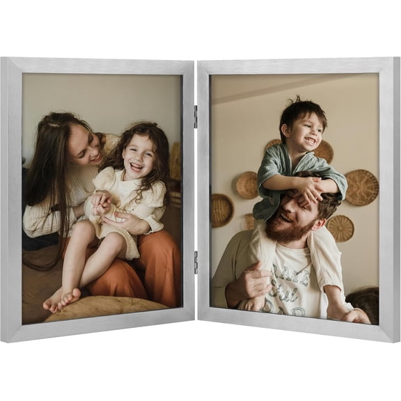 JJEAN-Double 8x10 Picture Frame Vertical, Engineered Wood Bifold Photo Frame with Plexiglass for Tabletop Display, 8x10, Silver