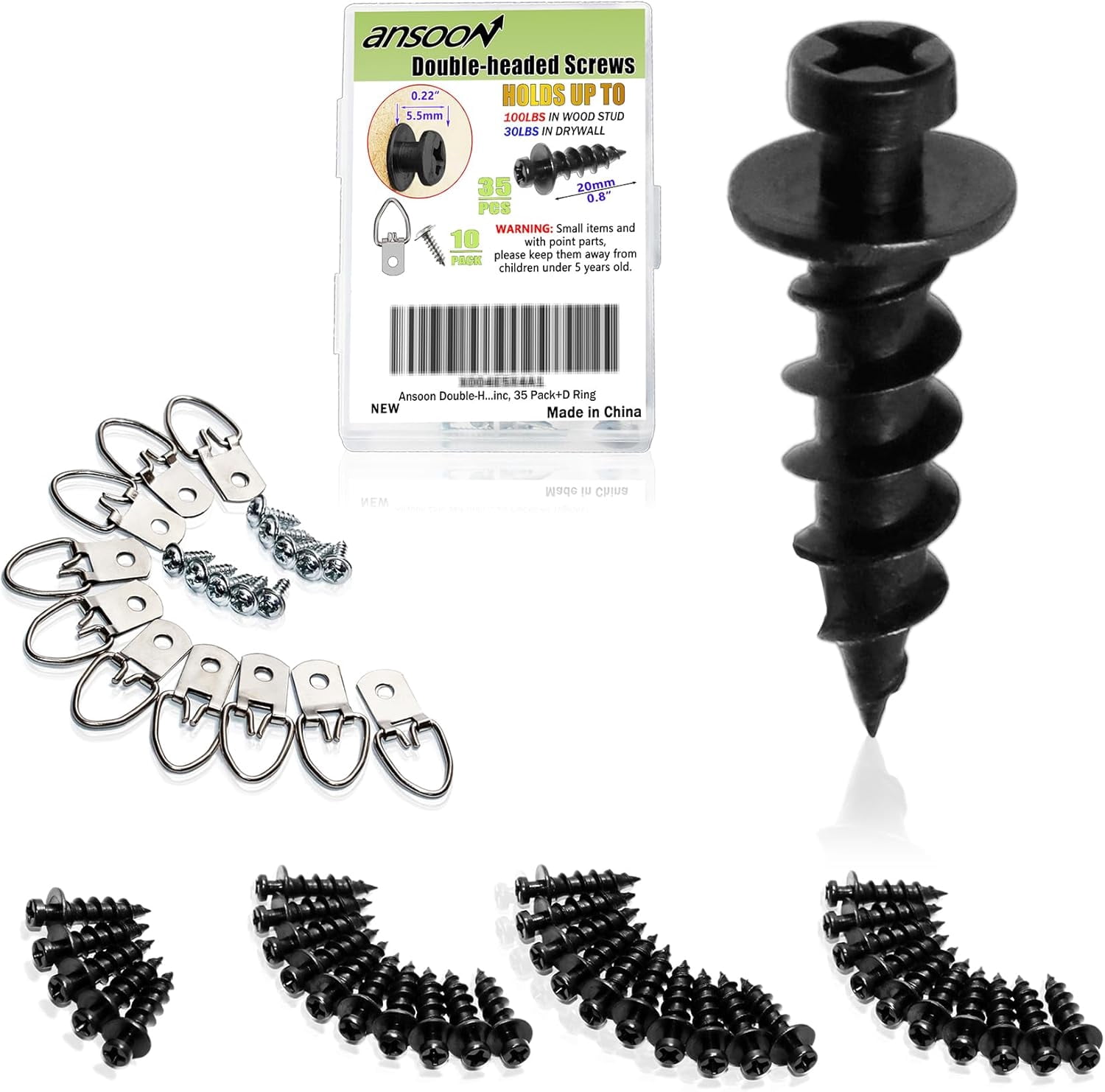 JJEAN-Double-Headed Bear Claw Wall Picture Hooks, 4-in-1 Drywall Hanging Screw with D-Rings, Sawtooth, Wire, Keyholes for Hanging and Mounting (Black Zinc, 35 Pack+D-Ring)