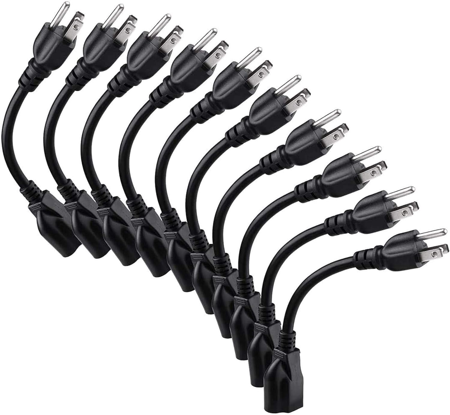 JJEAN-[ETL Listed] Short Power Extension Cord Outlet Saver, 16AWG/13A, 3 Prong (10 Pack, Black, 8 Inch)