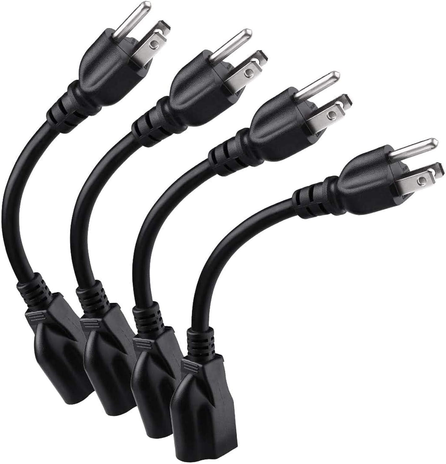 JJEAN-[ETL Listed] Short Power Extension Cord Outlet Saver, 16AWG/13A, 3 Prong (4 Pack, Black, 8 Inch)