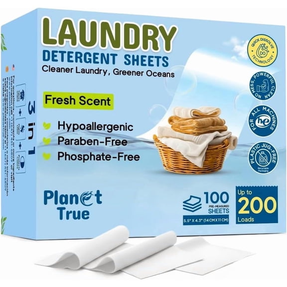 JJEAN-Eco-Friendly Laundry Detergent Sheets, 200 Loads (100 Sheets) Fresh Scent, Compact travel laundry sheets, Plastic-Free detergent sheet, Concentrated Laundry Solution for Hot & Cold Cycle