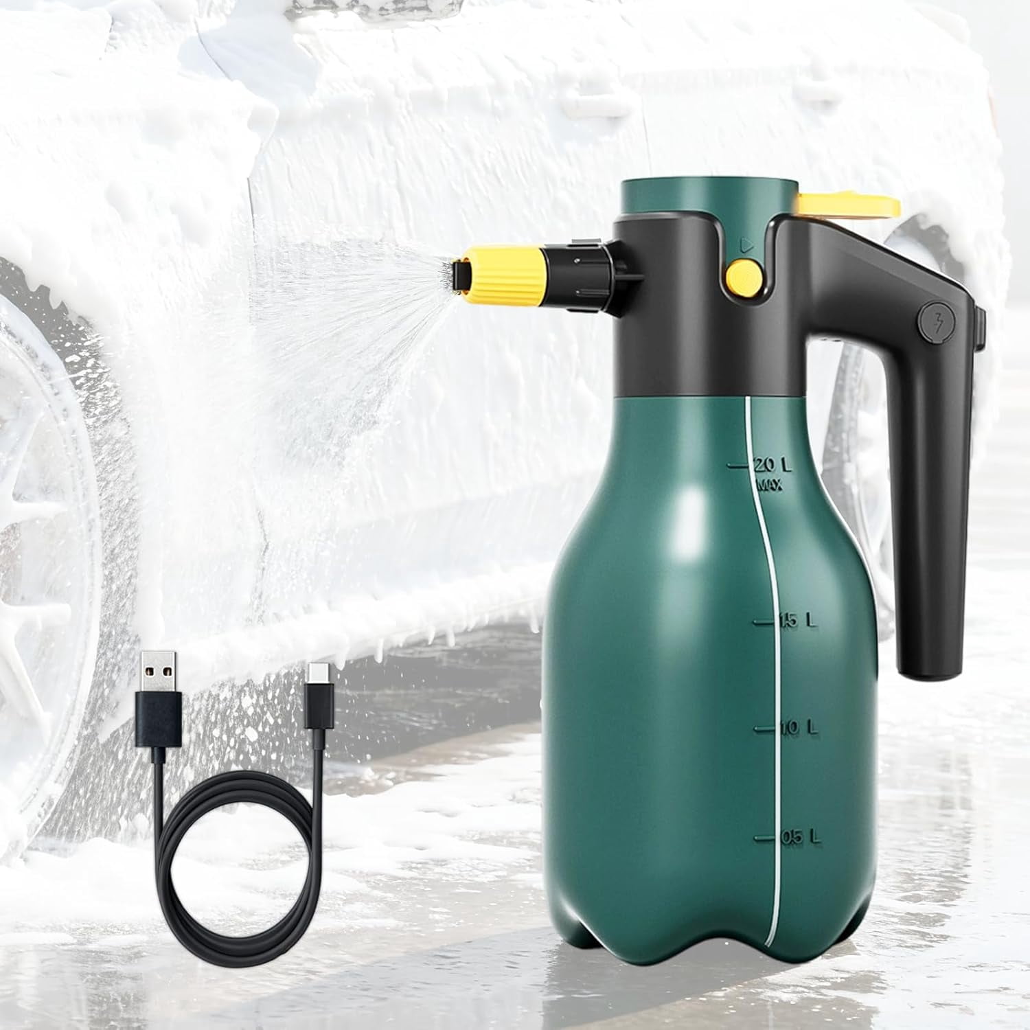 JJEAN-Electric Pressurized Foam Sprayer, 2L Cordless Pump Sprayer with One-Touch Lock, Portable Foam Sprayer for Car Wash, Auto Detailing, House & Pet Cleaning