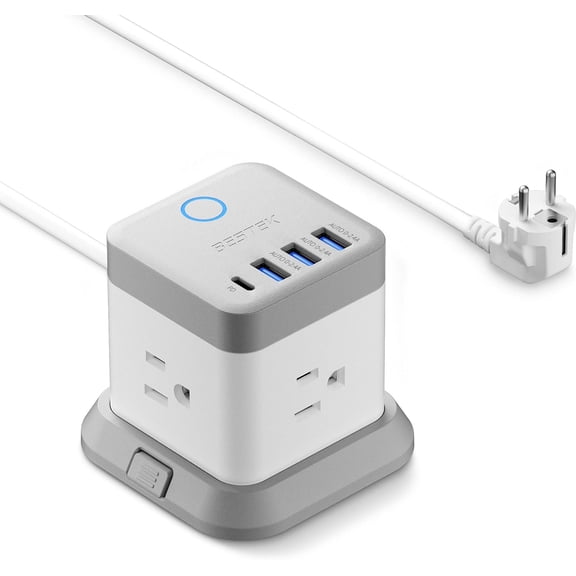 JJEAN-European Travel Plug Adapter, Power Strip with USB C PD 20W and 3 USB Ports, 3 Side Wide Outlet Extender, 5ft EU Extension Cord, Detachable Base, Mountable Power Cube