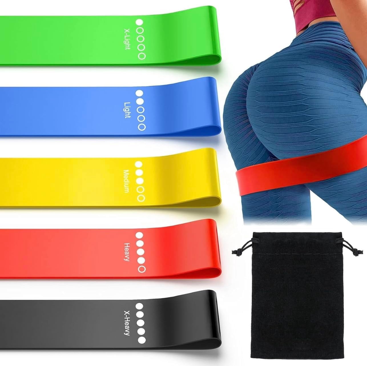 JJEAN-Exercise Resistance Bands for Working Out Set of 5 for Women and Men, Stretch Bands for Exercise, Physical Therapy, Arms Legs Booty Workout, Stretching, Home Fitness