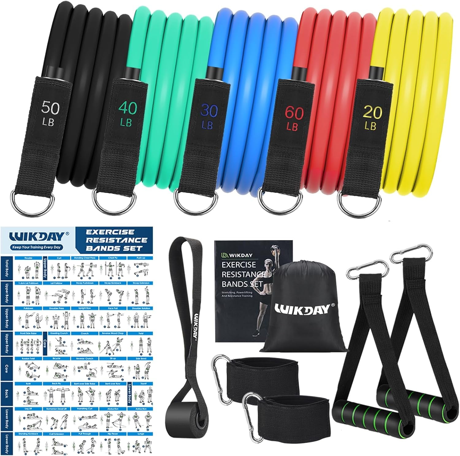 JJEAN-Exercise Resistance Bands with Handles for Working Out Workout Bands Set with Door Anchor for Physical Therapy, Yoga, Pilates
