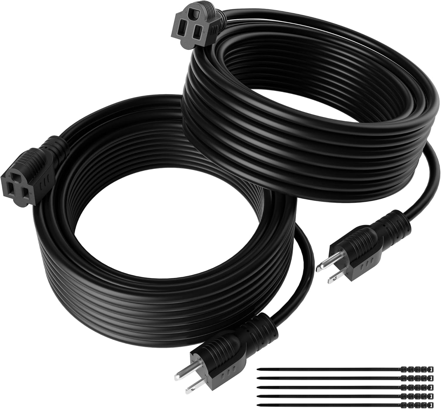 JJEAN-Extension Cord 6 FT (2-Pack), 3 Prong Extension Power Cord, 16/3 Gauge Flexible Cold, 13A 1625W 16AWG, 3 Prong Electric Cord, ETL, Black Cable with 25 Cable Ties