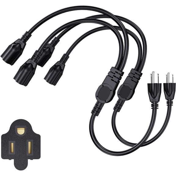 JJEAN-Extension Cord with 1 to 2 Splitter 16 AWG 13A 125V 1 Foot Black 2 Pack | Outdoor Y-Style SJTW Cord NEMA 5-15P to 5-15R
