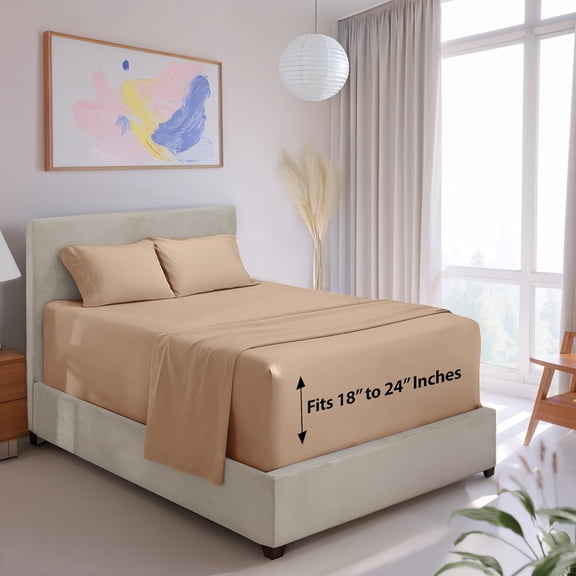 JJEAN-Extra Deep Pocket Full Size Sheet Set - 4 Piece Ultra Soft & Breathable Bed Sheets Set - Fits Up to 24" Mattress - Hotel Luxury Bed Sheet Set, Khaki