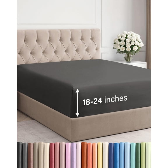JJEAN-Extra Deep Queen Fitted Sheet - Hotel Luxury Single Fitted Sheet Only - Easily Fits 18 inch to 24 inch Mattress - Ultra Soft, Wrinkle & Fade Free w/Extra Deep Pockets - Breathable & Comfy - Cha
