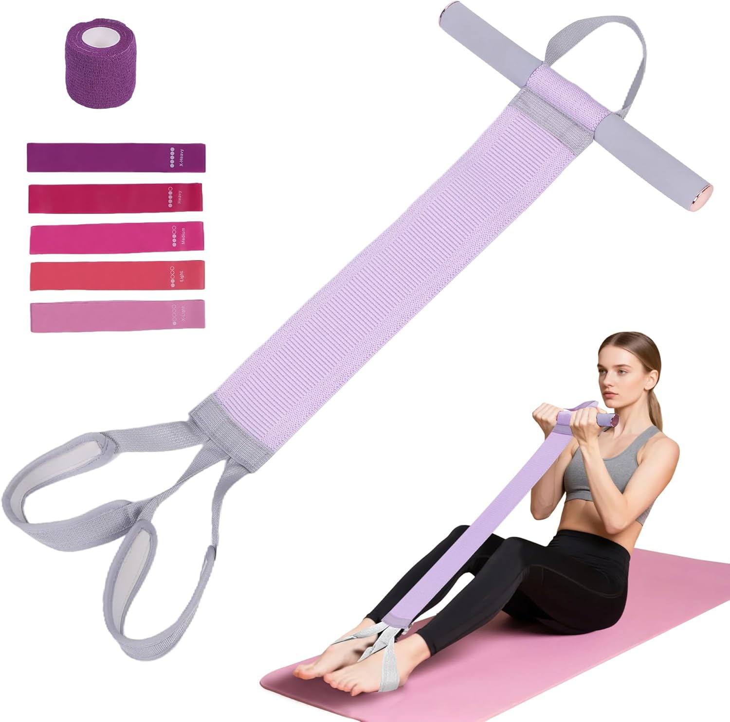 JJEAN-Fabric Resistance Band with Handles, 120lb Non-Slip Foot Pedal Resistance Band for Ankle Puller Sit-up & Leg Equipment Exercise, Multifunction Fitness Resistance Bands for Women