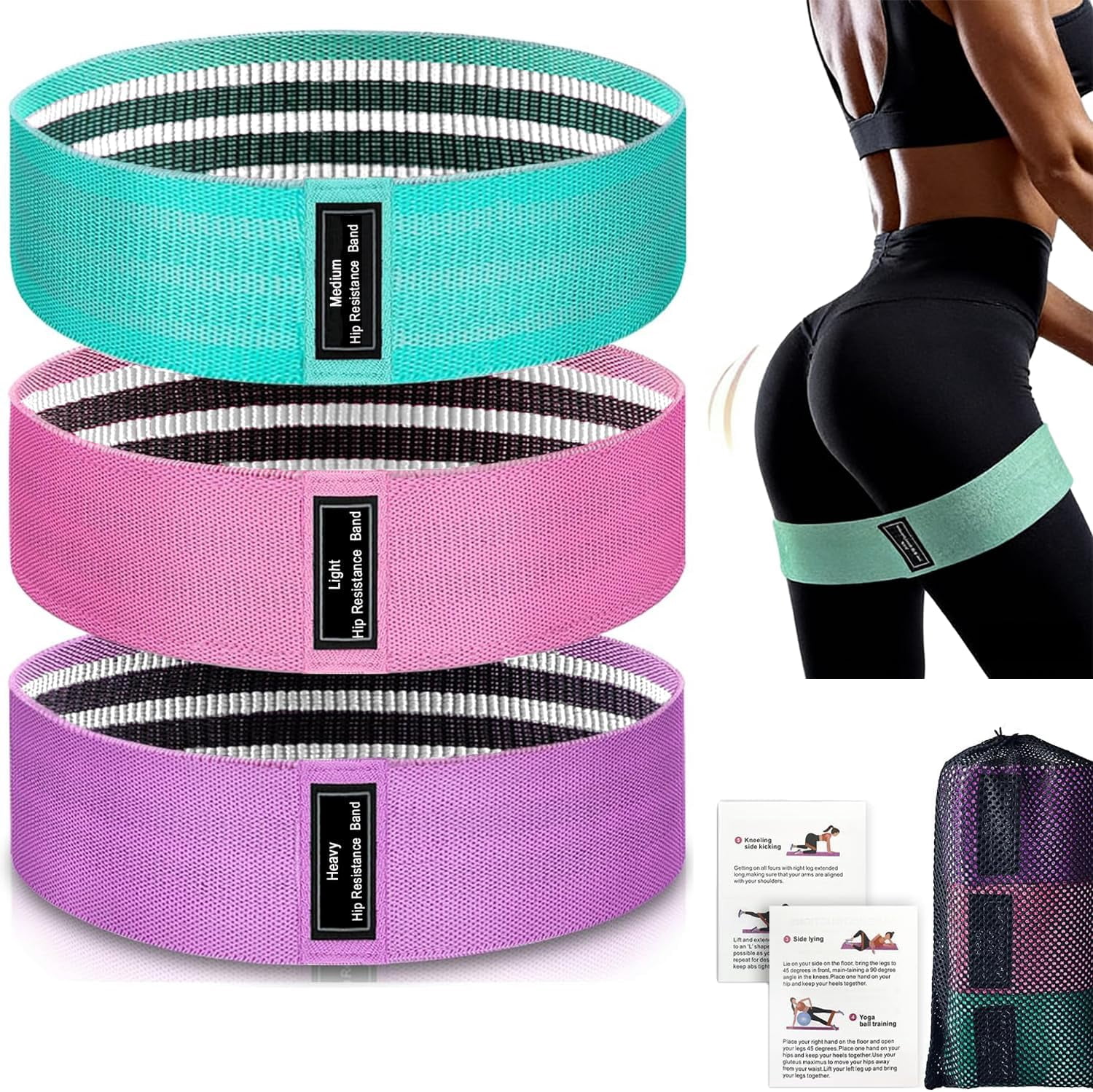 JJEAN-Fabric Resistance Bands for Legs, 3 Levels Non-Slip Exercise Bands for Working Out,Booty Bands for Women & Men, Glute Bands for Home Gym Yoga Pilates Rehab Fitness