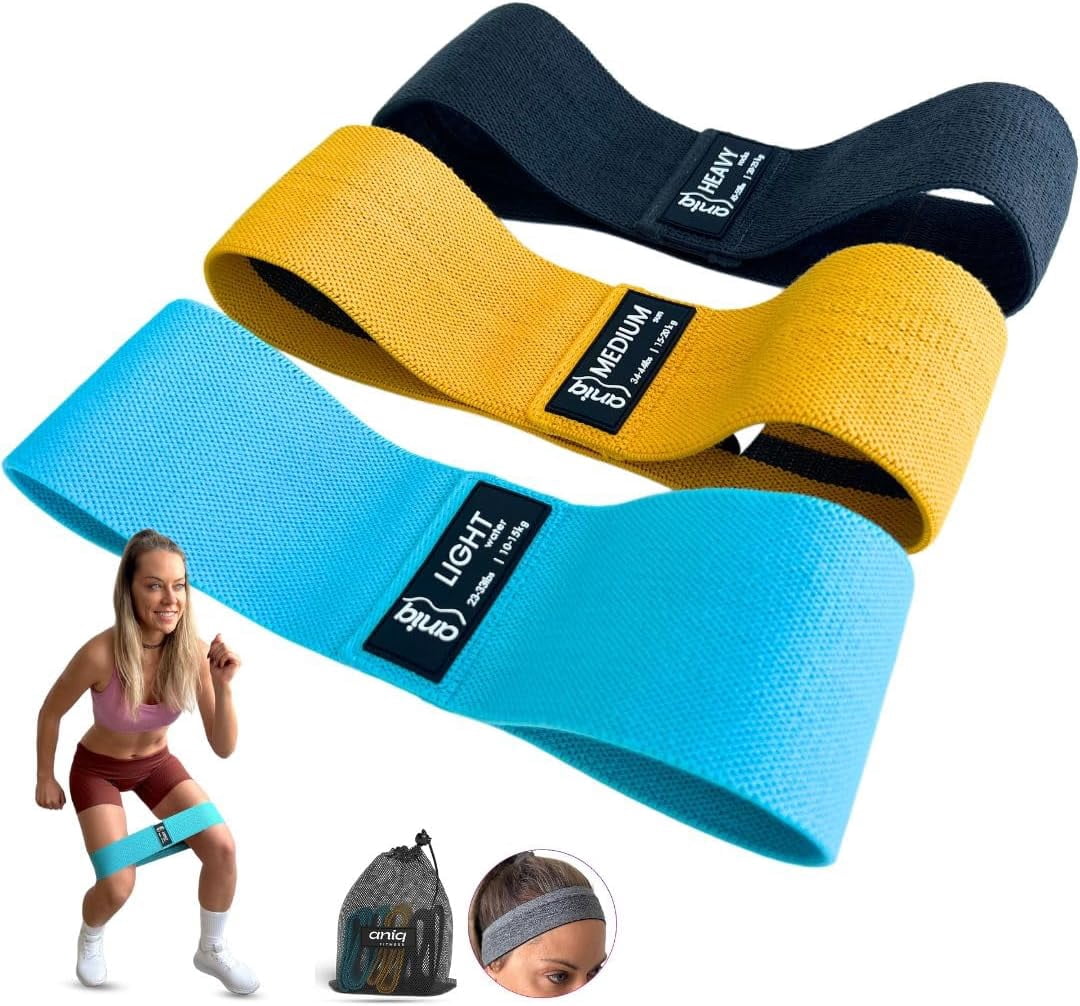 JJEAN-® Fabric Resistance Bands for Legs & Butt – Non-Slip Booty Bands Set – 3 Levels for Squats & Glutes – Cloth Loop Workout Exercise Equipment with Carry Bag, Headband & Guides For Pilates, Yoga,