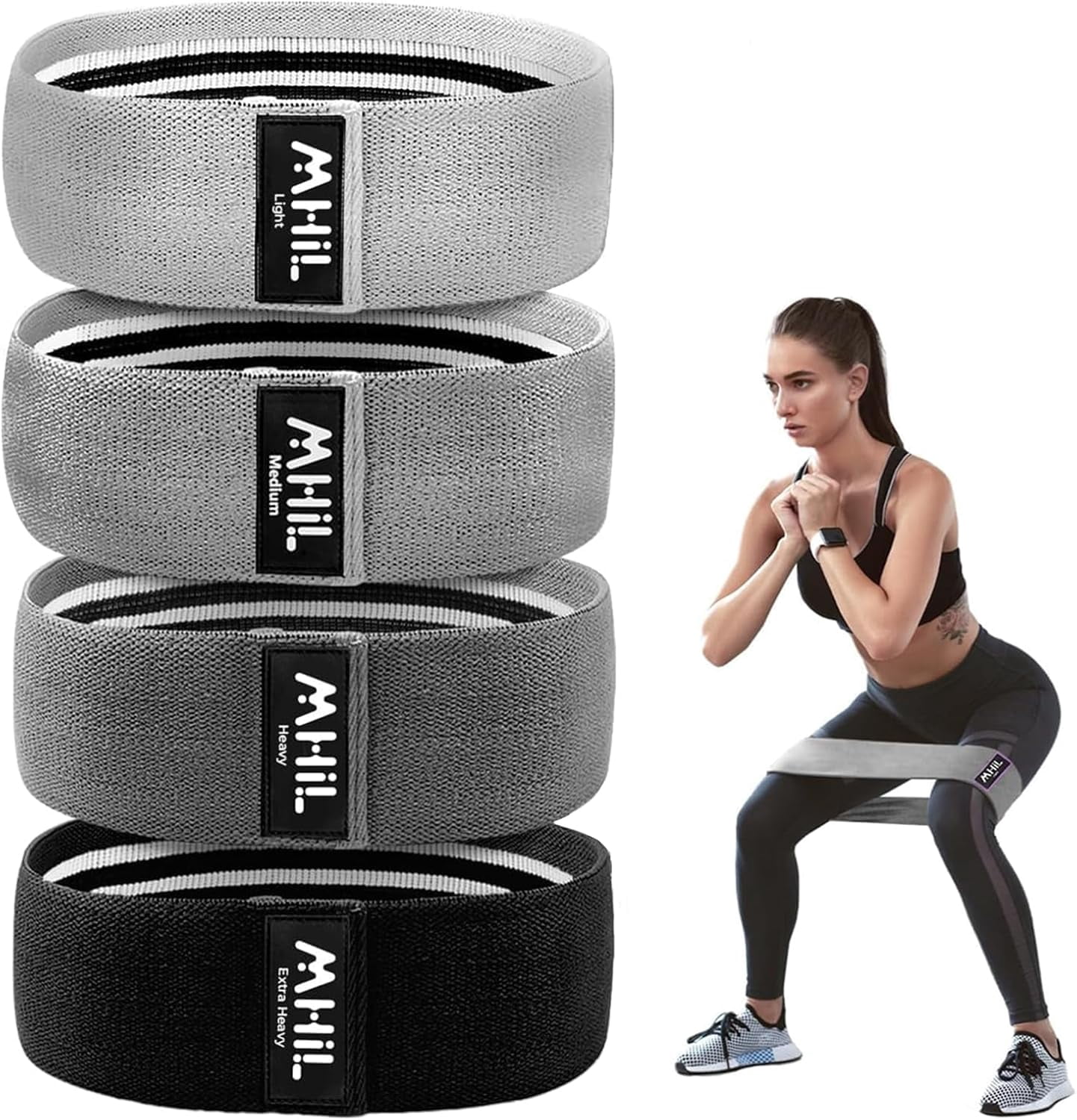 JJEAN-Fabric Resistance Bands for Women & Men – 4 Durable Exercise Bands for Working Out, Non-Slip & Non-Pinching Workout Bands – Multiple Resistance Levels Booty Bands for Legs Butt Glutes Hips Abs
