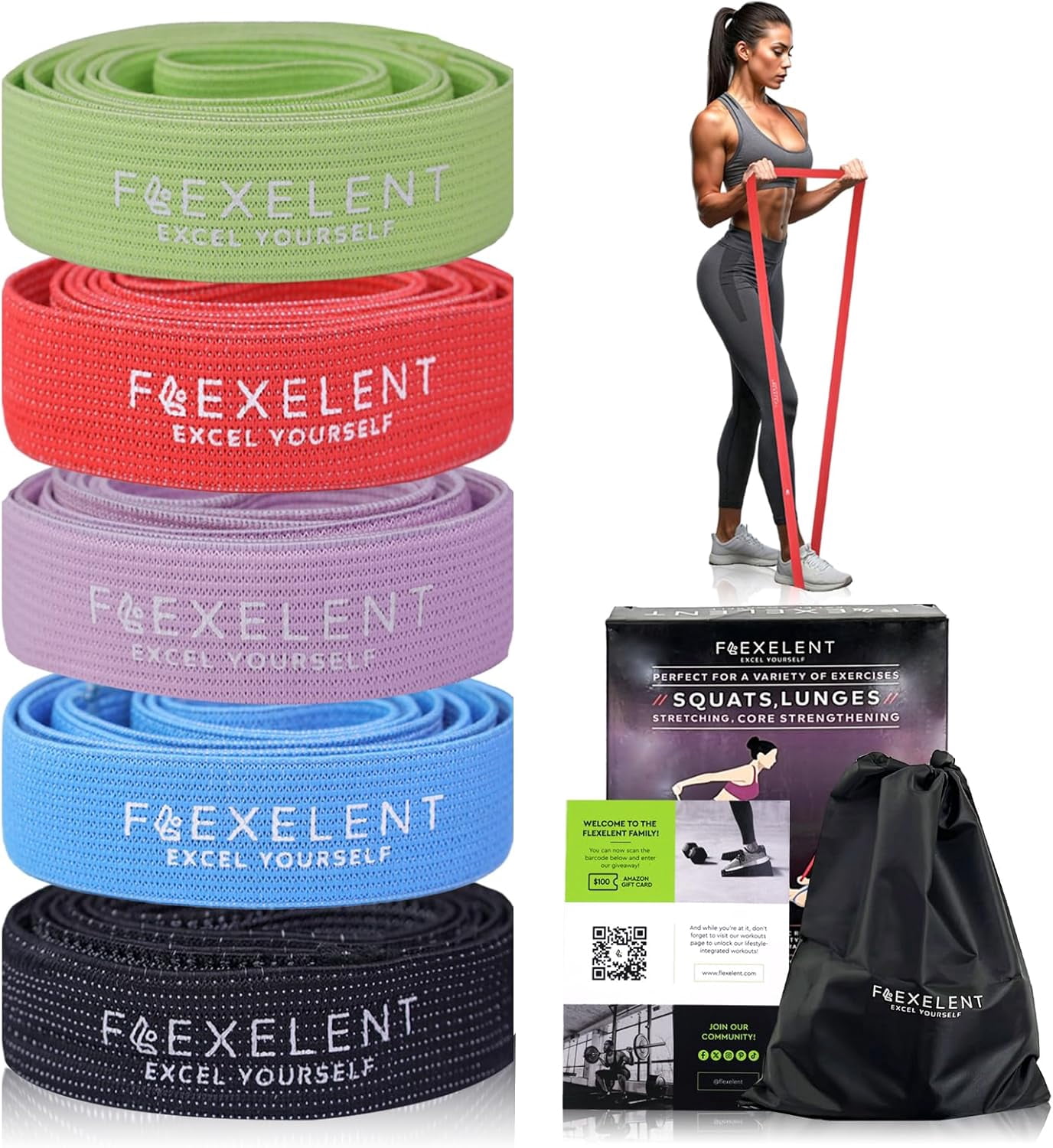 JJEAN-Fabric Resistance Bands for Working Out – 5 Strength Levels from Extra Light to Extra Heavy – Thick Workout Bands for Legs, Glutes, HIPS, Stretching, Strength Training with Storage Bag