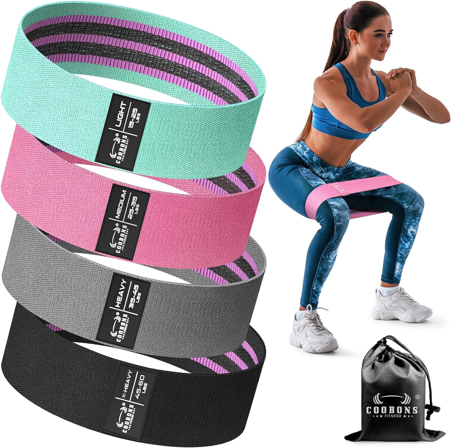 JJEAN-Fabric Resistance Bands for Working Out - Exercise Bands for Women and Men, Booty Bands for Legs and Glute, Yoga, Pilates, Rehab, Fitness and Home Workout