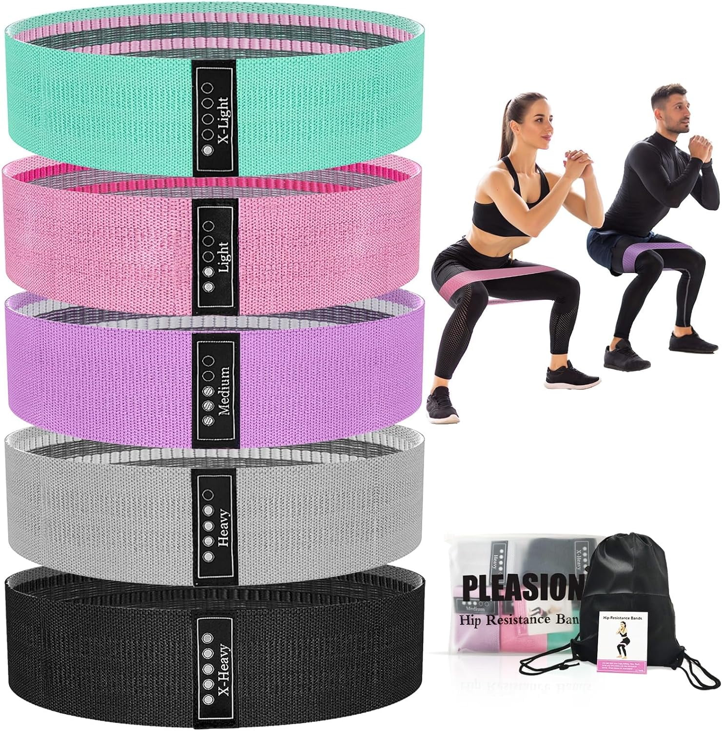 JJEAN-Fabric Resistance Bands for Working Out, 5 Levels Booty Bands for Women Men, Cloth Workout Bands Resistance Loop Exercise Bands for Legs Butt at Home Fitness, Yoga, Pilates