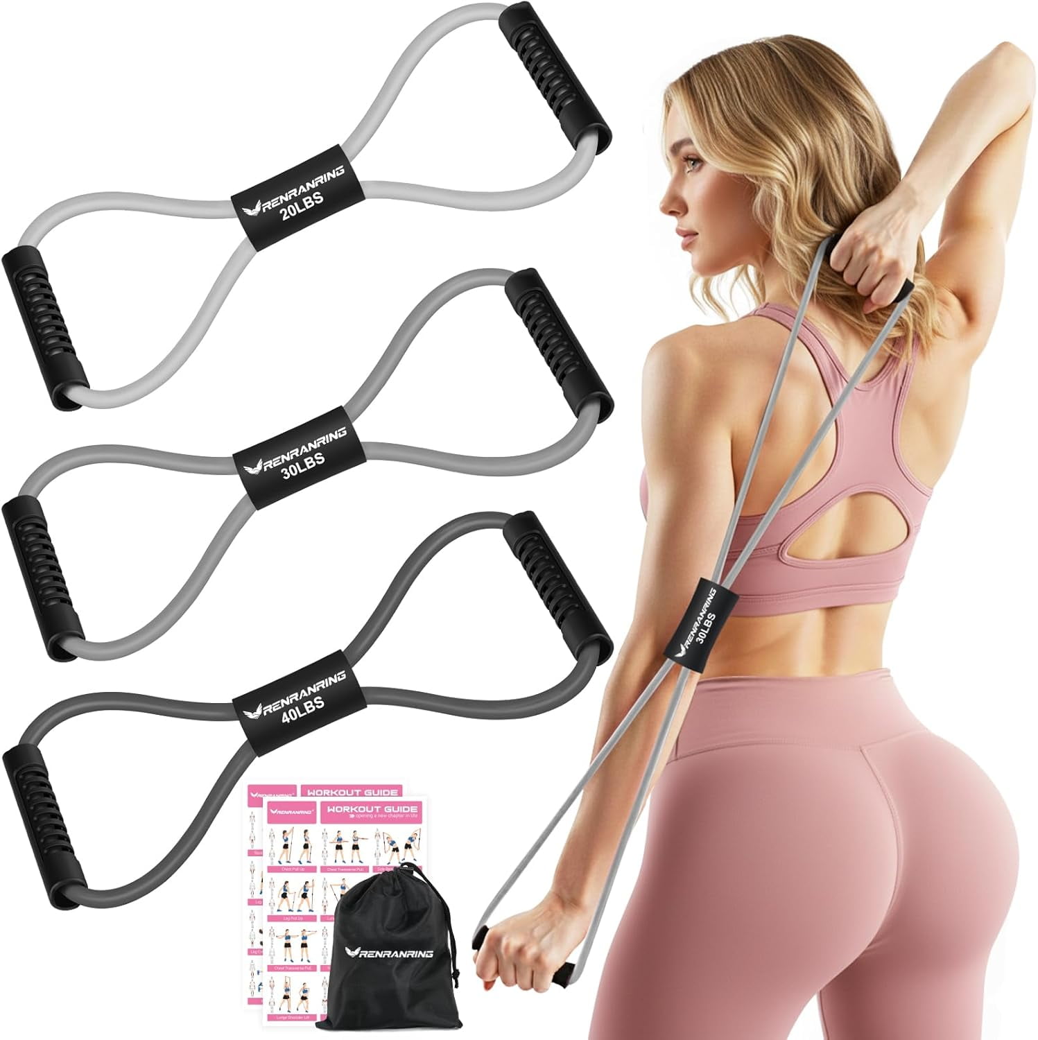 JJEAN-Figure 8 Fitness Resistance Bands with Handles - Exercise Tube Band Set of 3 for Arm and Shoulder Stretch, Rope 8 Word Elastic for Women and Men