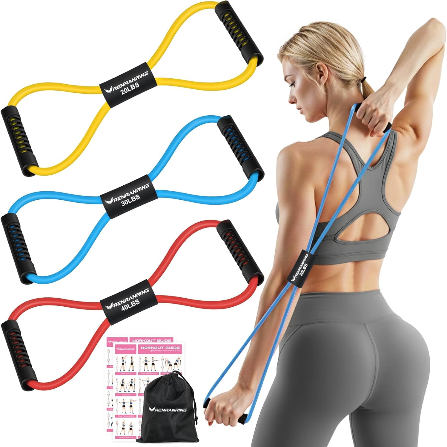 JJEAN-Figure 8 Fitness Resistance Bands with Handles - Exercise Tube Band Set of 3 for Arm and Shoulder Stretch, Rope 8 Word Elastic for Women and Men