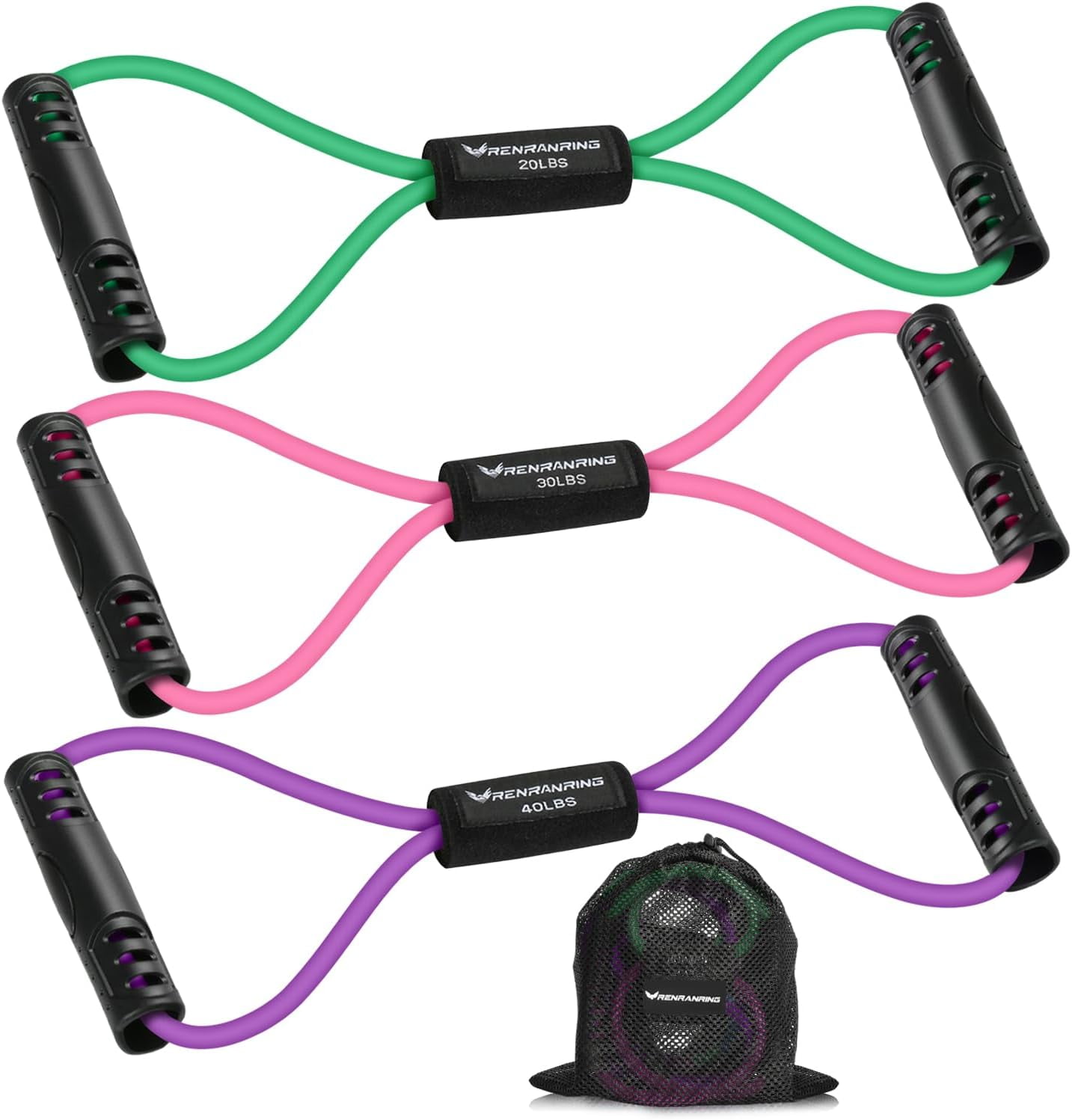 JJEAN-Figure 8 Fitness Resistance Bands with Handles - Exercise Tube Band Set of 3 for Arm and Shoulder Stretch, Rope 8 Word Elastic for Women and Men
