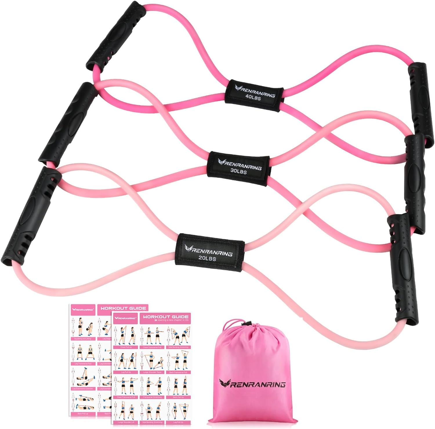 JJEAN-Figure 8 Fitness Resistance Bands with Handles - Exercise Tube Band Set of 3 for Arm and Shoulder Stretch, Rope 8 Word Elastic for Women and Men