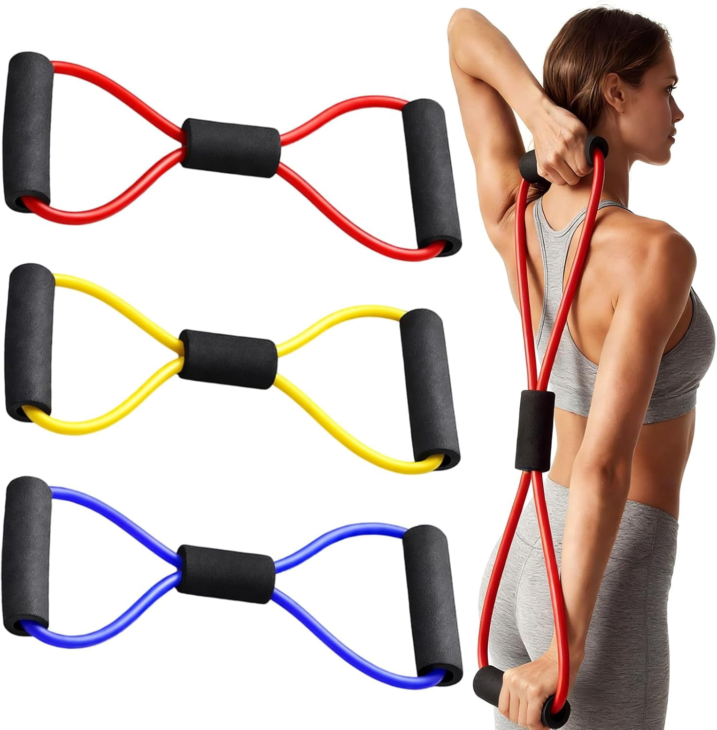 JJEAN-Figure 8 Resistance Bands with Foam Handles, 3 Pack Fitness Exercise Bands Set for Women, Strength Training Bands for Arm, Shoulder, Leg, Pilates, Yoga, Home Gym Workouts