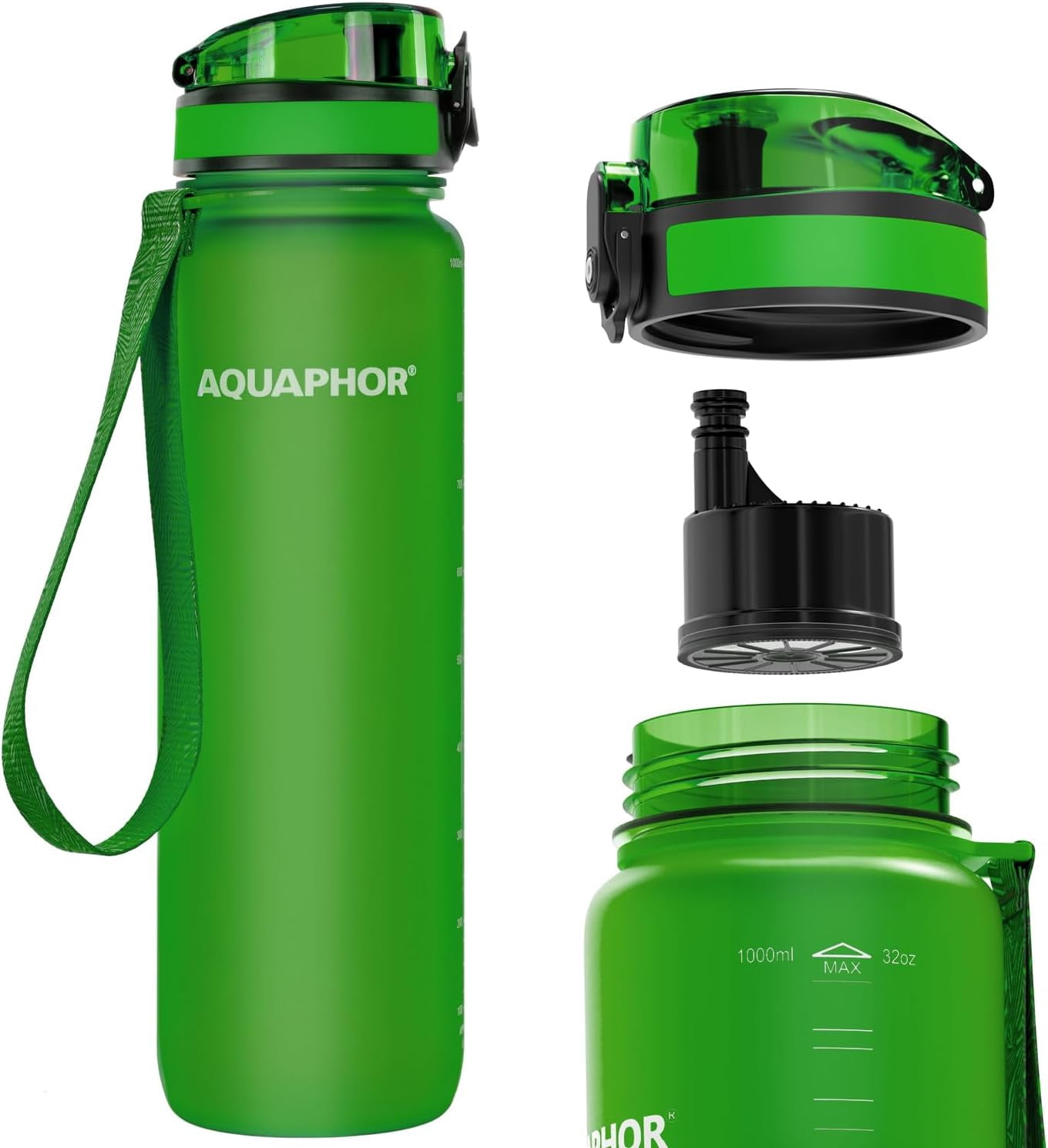 JJEAN-Filtered Water Bottle, Leakproof, BPA-Free, Motivational Markings, Travel, Everyday Use. 40-Gallon Filter, Replaces 300 Plastic Water Bottles. Includes 1 Filter, 22 FL Oz, Green by Aquaphor