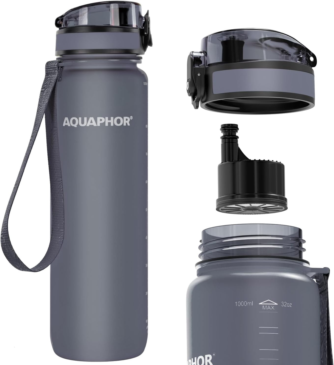 JJEAN-Filtered Water Bottle, Leakproof, BPA-Free, Motivational Markings, Travel, Everyday Use. 40-Gallon Filter, Replaces 300 Plastic Water Bottles. Includes 1 Filter, 22 FL Oz, Grey by Aquaphor