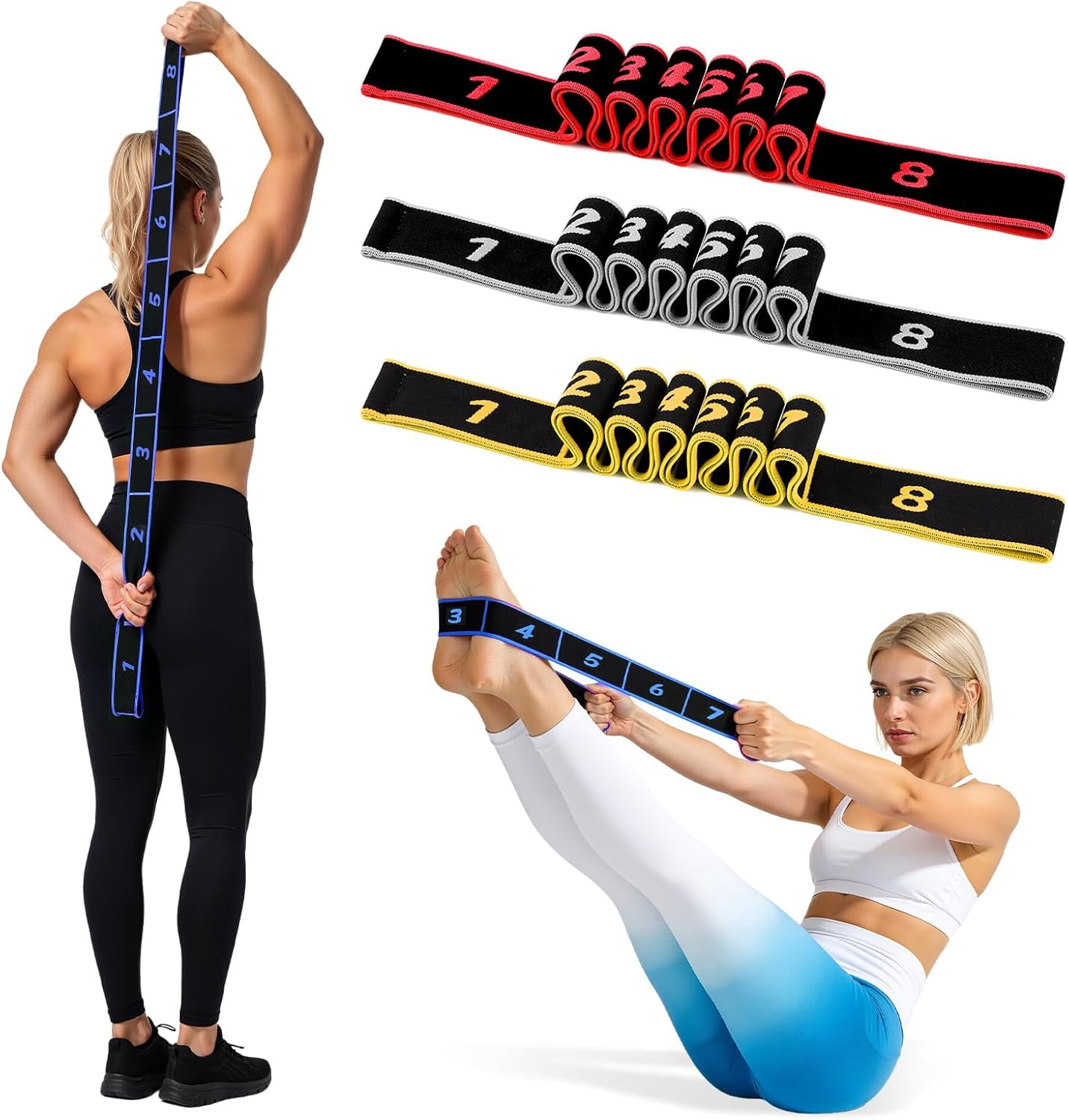 JJEAN-Fitness Resistance Band for Stretching and Yoga, Multifunction Tension Rope,8 Loops Elastic Exercise Bands,Adjustable Bands,for Full Body Stretching Shaping and Training