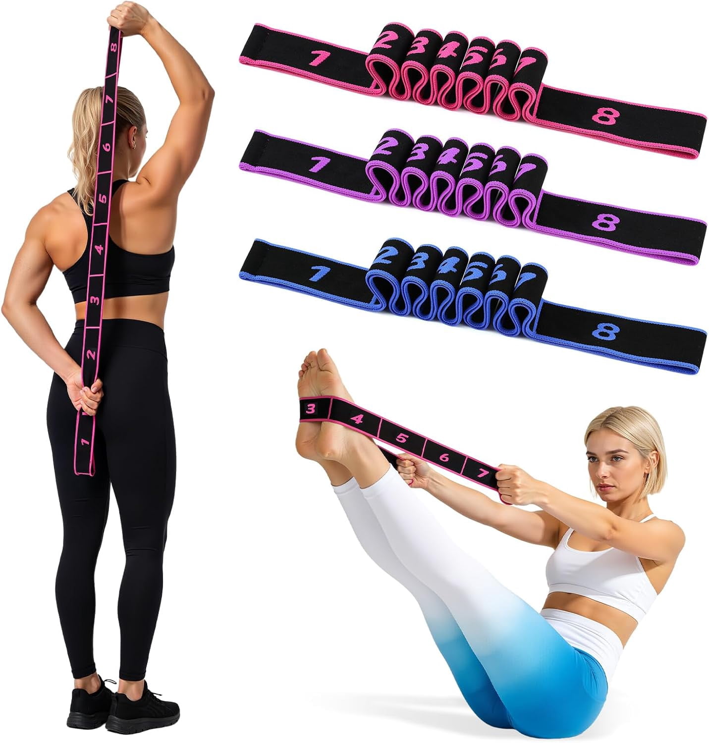 JJEAN-Fitness Resistance Band for Stretching and Yoga, Multifunction Tension Rope,8 Loops Elastic Exercise Bands,Adjustable Bands,for Full Body Stretching Shaping and Training