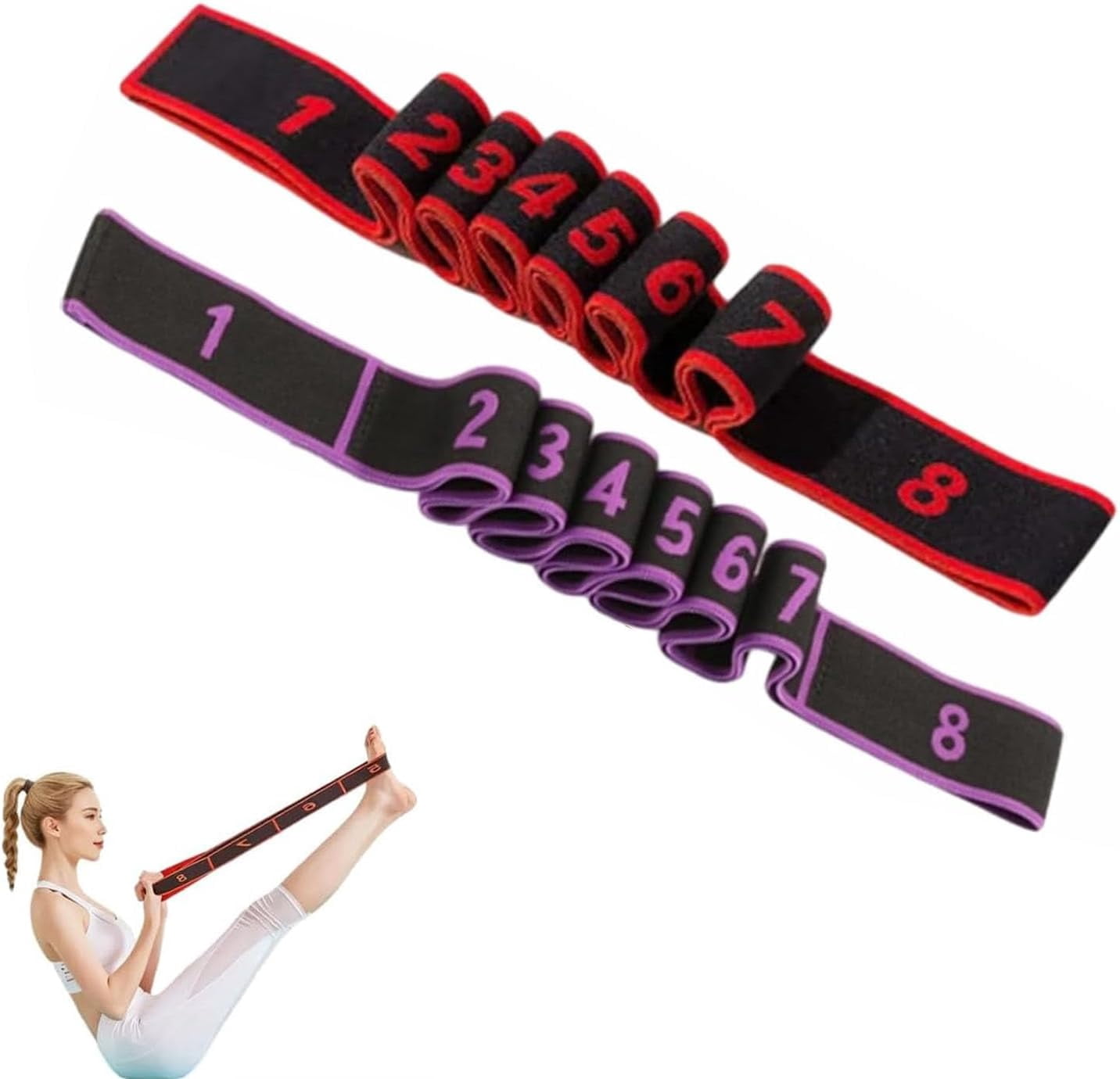 JJEAN-Fitness Resistance Band for Stretching and Yoga, Number Stretch Resistance Band with Clear Markings, 8-Section Elastic Training Bands for Full Body Stretching Shaping