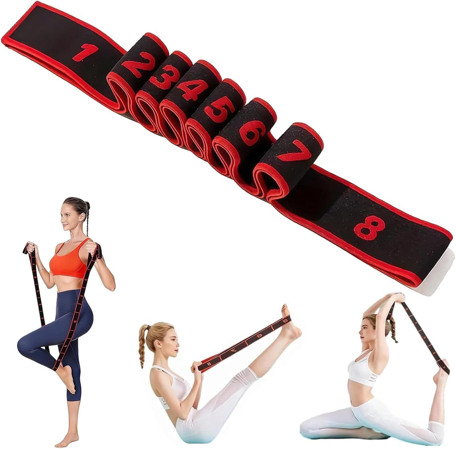JJEAN-Fitness Resistance Band for Stretching and Yoga, Number Stretch Resistance Band with Clear Markings, 8-Section Elastic Training Bands for Yoga, Stretching, Pilates, Fitness