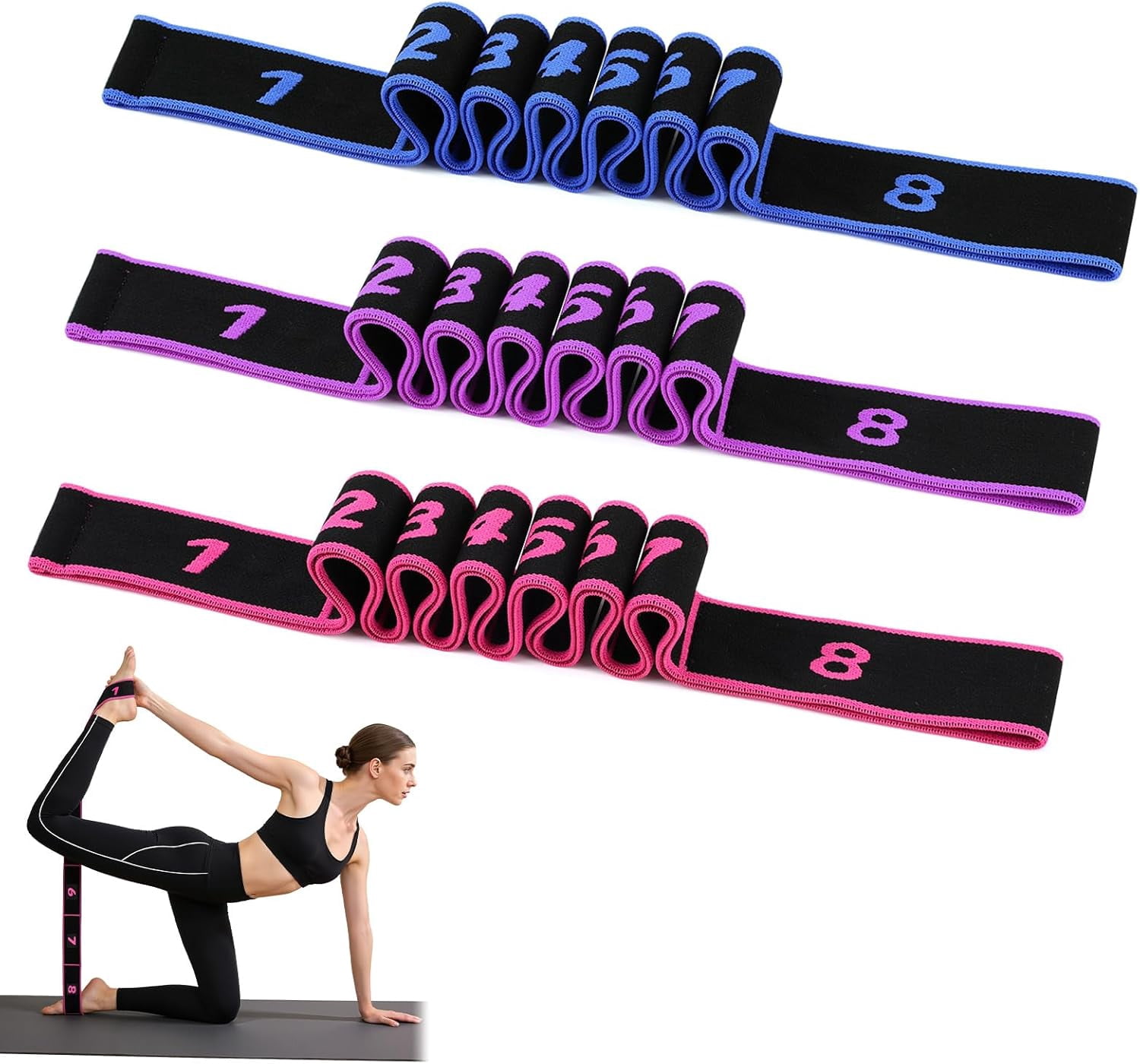 JJEAN-Fitness Resistance Bands with Handles, Adjustable Stretching & Yoga Band for Full Body, 8-Section Elastic Training Band with Clear Marking for Yoga, Stretching, Pilates