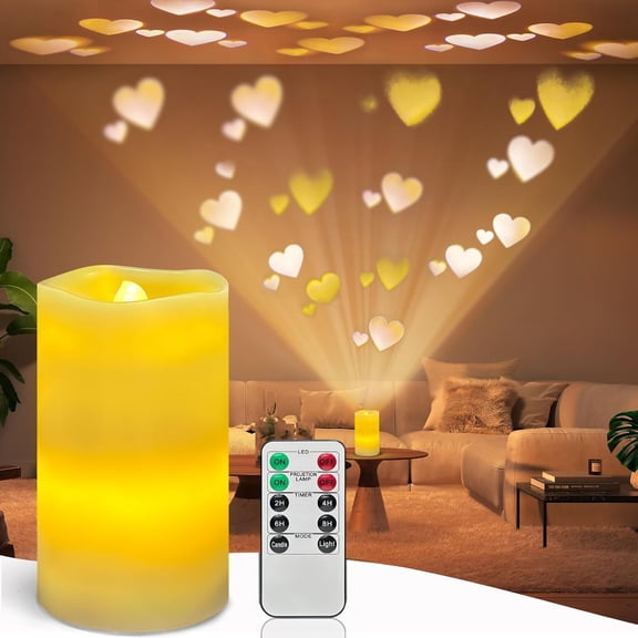 JJEAN-Flameless Candle Heart Projector Light,Valentines Day Decorations Candles Lamp with Romantic Heart Projector Lights, Battery Operated LED Candle with Remote&Timer for Girl Women Mom (Ivory - He