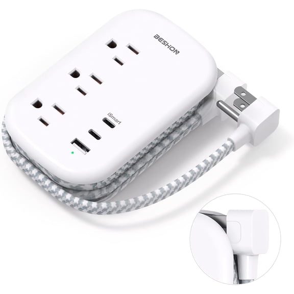 JJEAN-Flat Plug Power Strip, 3 Outlets with 3 USB Ports(2 USB C), Ultra Flat 3.2ft Wrapped Around Extension Cord for Cruise Ship, Travel, Dorm Room Essentials