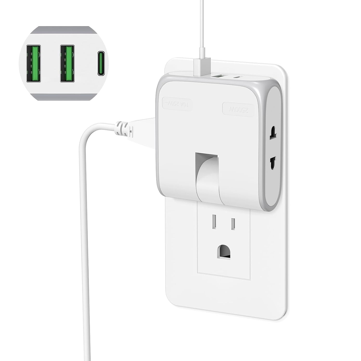JJEAN-Flat Wall Outlet Extender with USB Charging Ports, 180° Swivel Power Strip 2 USB Ports, 2 Prong Folding Plug for Tight Spaces, Type A Ultra Thin Design (White)