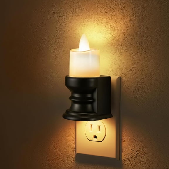 JJEAN-Flickering Flameless Candle Night Light Plug in, Dimmable LED Nightlight with Dusk to Dawn Sensor, Decorative Candle Light for Bedroom, Hallway, Bathroom(1 Pcs,Warm Yellow & Black Base)
