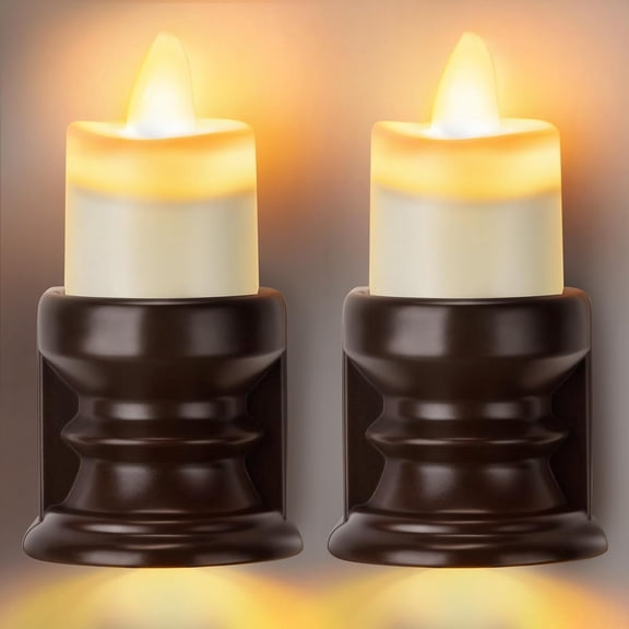 JJEAN-Flickering Flameless Candle Night Light Plug in, Dimmable LED Nightlight with Dusk to Dawn Sensor, Decorative Candle Light for Bedroom, Hallway, Bathroom(2 Pcs,Warm Yellow & Brown Base)
