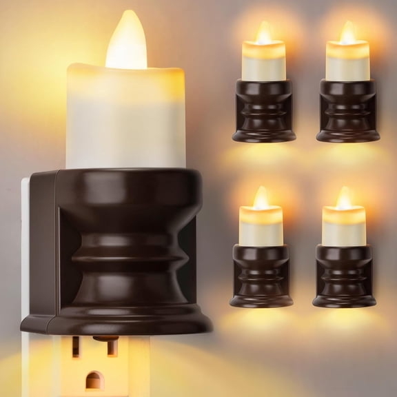 JJEAN-Flickering Flameless Candle Night Light Plug in, Dimmable LED Nightlight with Dusk to Dawn Sensor, Decorative Candle Light for Bedroom, Hallway, Bathroom(4 Pcs,Warm Yellow & Brown Base)