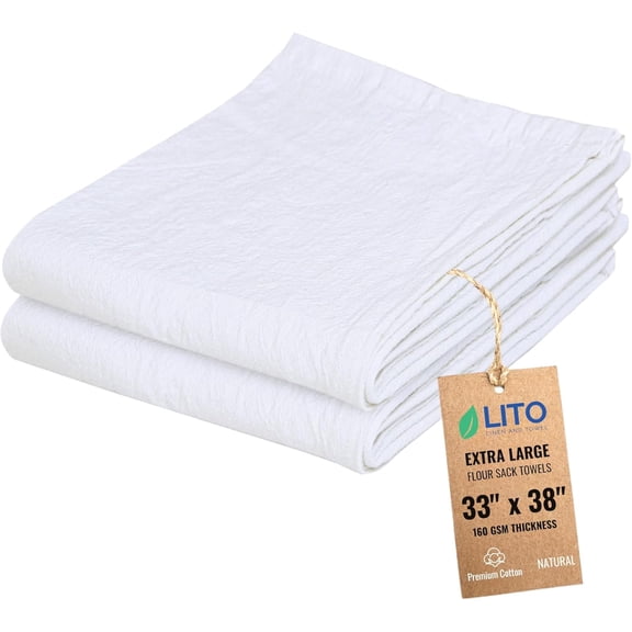 JJEAN-Flour Sack Towels | Tea Towel for Crafts| Kitchen Dish Cotton Blank Towel for Embroidery| Baking Bread Proofing Linen Cover| Thick Absorbent Quick Dry| 2 Pack 33"x38" Natural