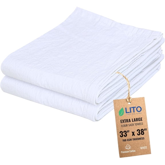 JJEAN-Flour Sack Towels | Tea Towel for Crafts| Kitchen Dish Cotton Blank Towel for Embroidery| Baking Bread Proofing Linen Cover| Thick Absorbent Quick Dry| 2 Pack 33"x38" White