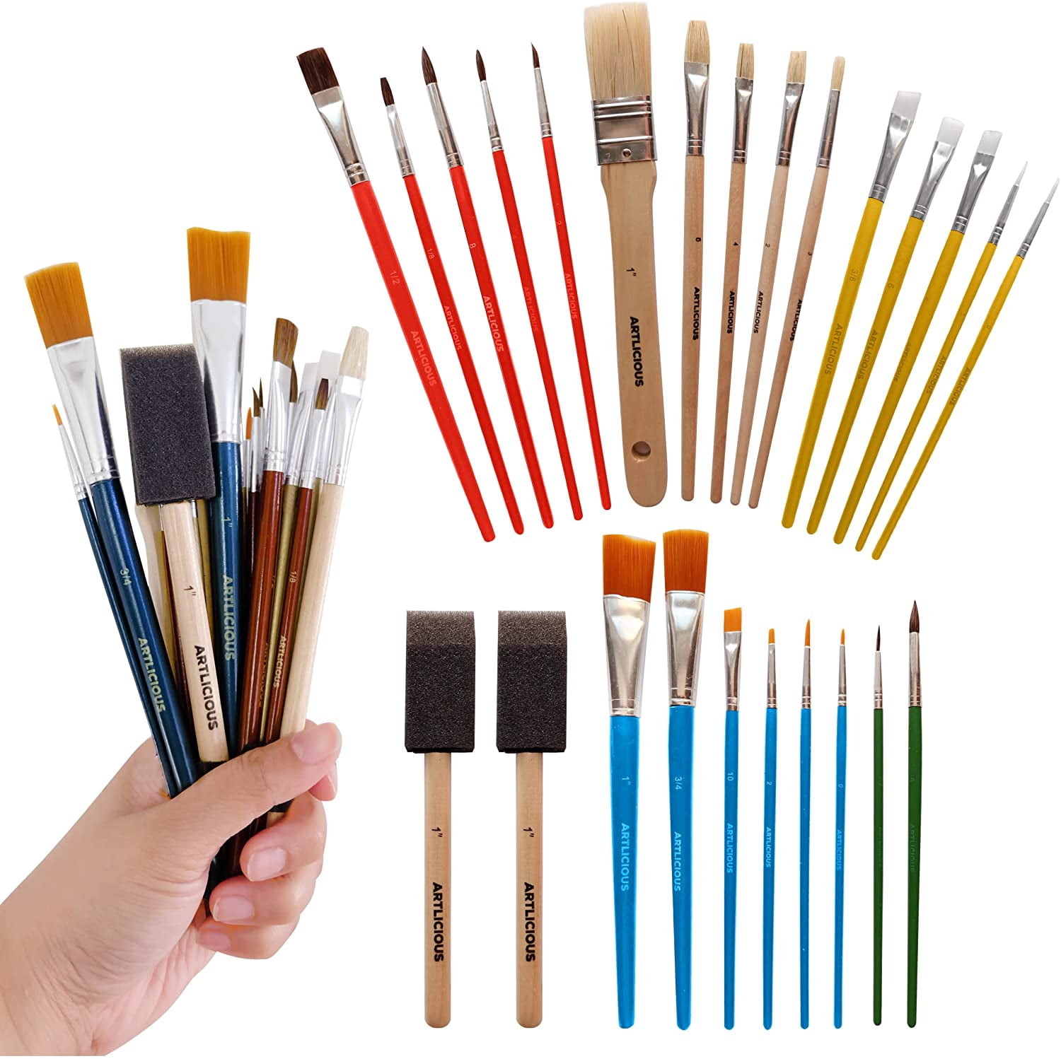 JJEAN-Foam Brushes Wood Handle Paint Brush Set - Use with Craft, Watercolor, Oil, Gouache Paints, Face Art, Washable Paints, Miniature Detailing and Rock Painting