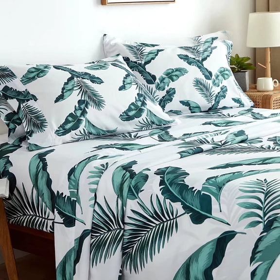 JJEAN-Full Size Bed Sheets Set 4PC- Soft Cooling 1800 Thread Count Microfiber Boho Printed Sheet, 8 - 17" Deep Pocket Breathes Better, Wrinkle Free, Machine Washable Tropical Palm Tree Fronds Bed She