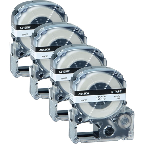 JJEAN-GREENCYCLE 4PK 12mm Black on White Compatible for Epson LabelWorks Label Maker Tape LK-4WBN LC-4WBN9 SS12KW 1/2" Label Tape for LabelWorks LW700 LW900P LW1000P LW500 LW600P LWK200PX Label Maker