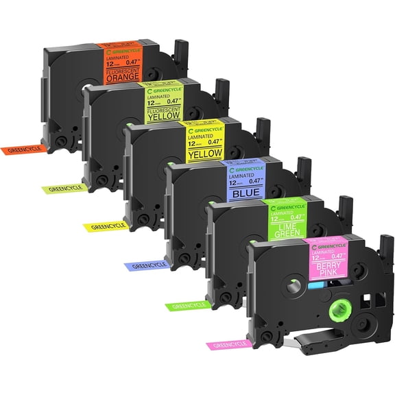 JJEAN-GREENCYCLE Compatible for Brother P Touch TZe Label Tape 12mm 0.47" White on Pink/Green, Black on Blue/Yellow/Fluorescent Yellow/Orange for PT2430PC 1890C PT-D210 300BT PT-1010 PTH100 D200-6 Pa