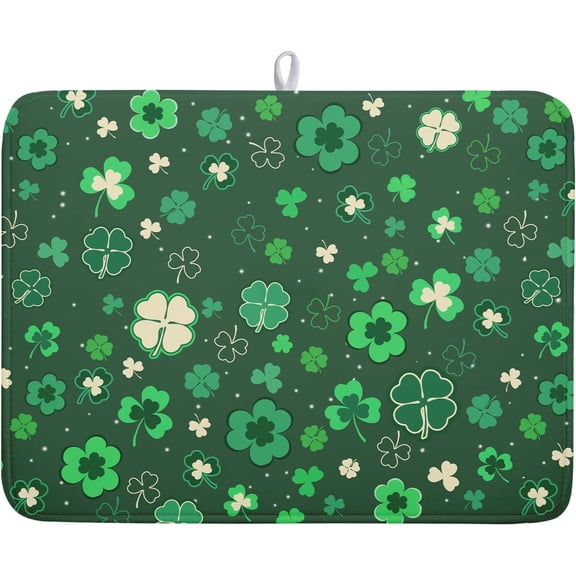 JJEAN-Happy St. Patrick's Day Dish Drying Mat for Kitchen Green Lucky Shamrock Clover Dish Drying Mat for Dishes Spring Irish Drying Mats 18x24 Inch Absorbent Reversible Dish Pad for Countertop Coffe