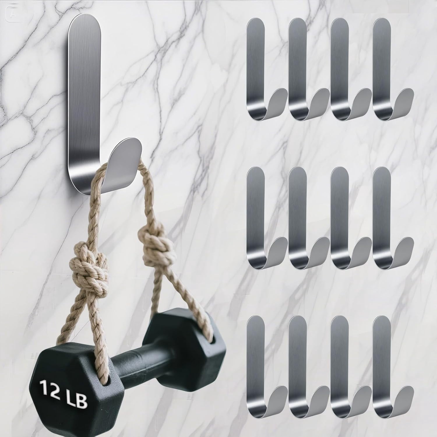 JJEAN-Heavy Duty Adhesive Hooks for Wall, Silver Stainless Steel, 12 Pack, Large j Hooks for Hanging - Simplicity/Sturdy/for Bathroom Kitchen/for Hanging Coat/Rober/Bag/Towel/Clothes