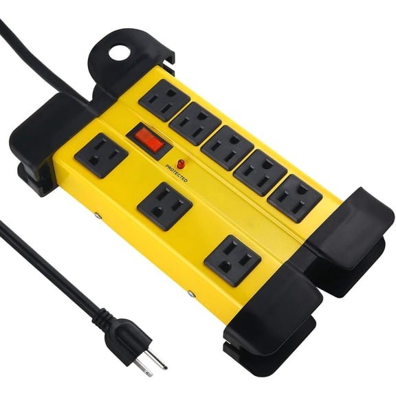 JJEAN-Heavy Duty Surge Protector - 8 Outlet Power Strip with 1200 Joules, Metal with 6FT Extension Cord and Wide Spaced, Yellow